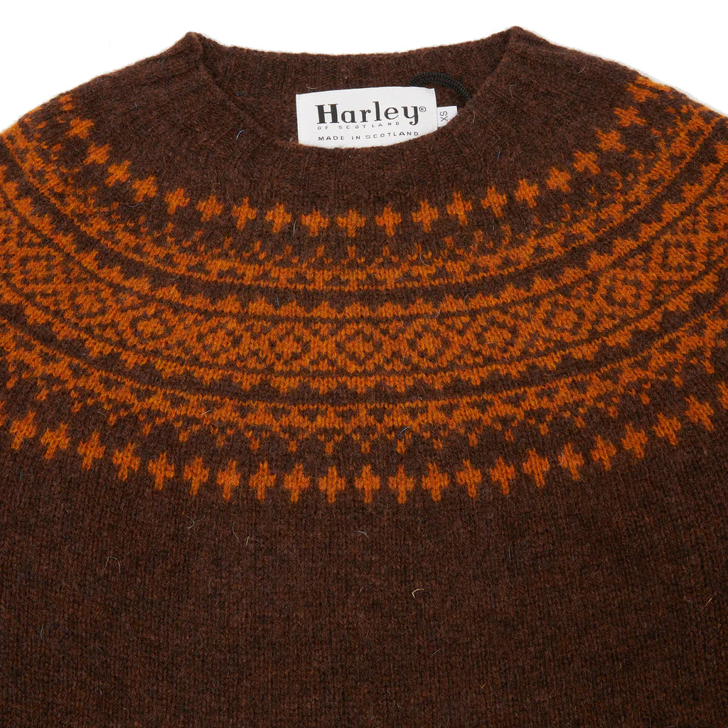 HARLEY OF SCOTLAND M3170/7 Yoke Fairisle Knit - Coffee/Vintage Orange (Excluded From ALL Discount Codes)
